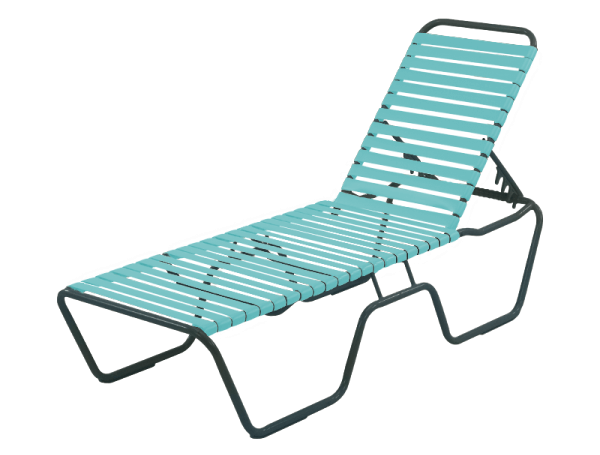 St. Maarten turquoise vinyl strap chaise lounge with black powder-coated aluminum frame and flexible strap seating, built for pool decks, aquatic centers, and hospitality use.